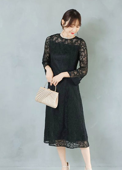 【パーティードレス】フローラルレースドレス（ブラック）