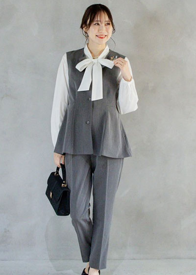 【パンツドレス+シャツセット】ジレ3点セットパンツドレス（ダークグレー）