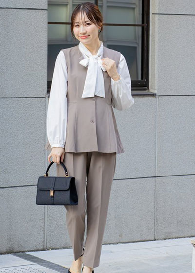 【パンツドレス+シャツセット】ジレ3点セットパンツドレス（モカ）