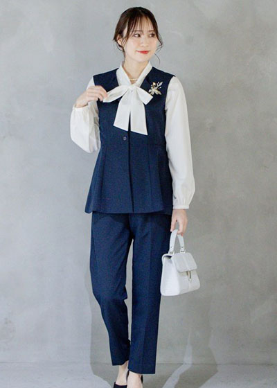 【パンツドレス+シャツセット】ジレ3点セットパンツドレス（ネイビー）