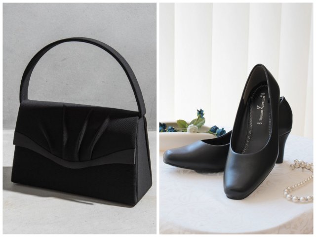 黒の布製バッグ・シンプルなパンプスを